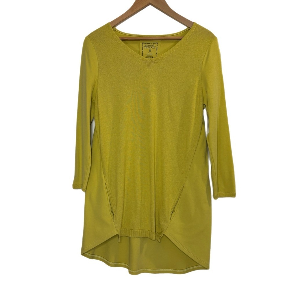 Beyond Threads chartreuse cotton lagenlook blouse w/ contrast back
